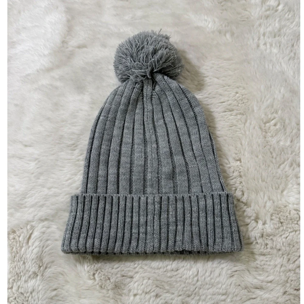 Michael Kors Beanie Hat Grey Ribbed Knit Pom Pom Winter Cozy Designer NWT